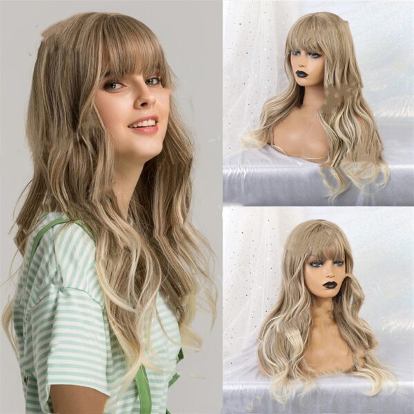 High Temperature Silk Wig With Long Curly Bangs - Mixed High Temperature Silk Wig With Long Curly Bangs - Mixed